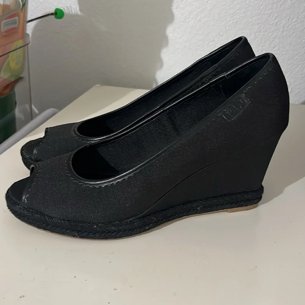 Lauren Ralph Lauren Women’s Nella Canvas Wedge Peep Toe Shoes Size 9.5 Black